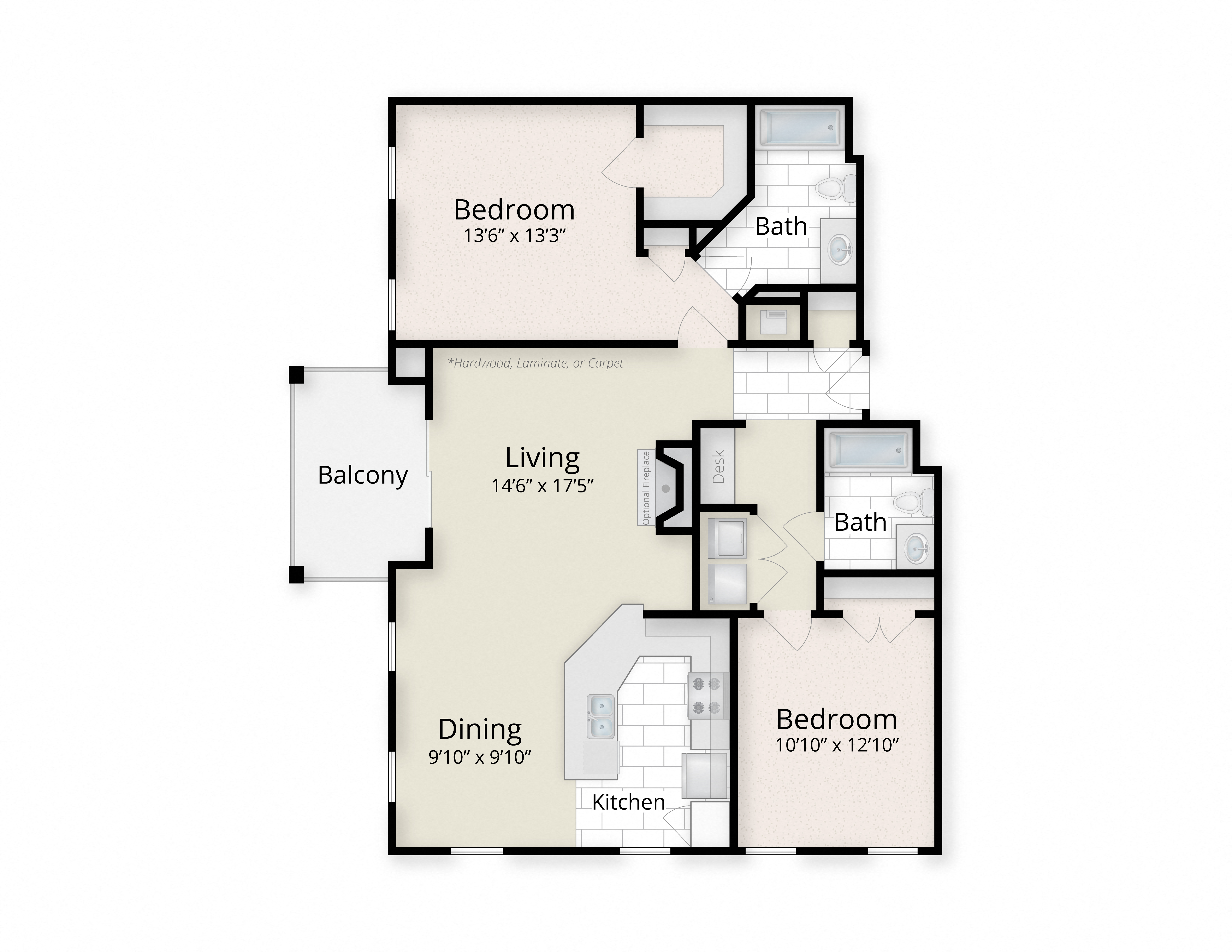 Floor plan for 2 beds, 2 baths, 1177 sqft